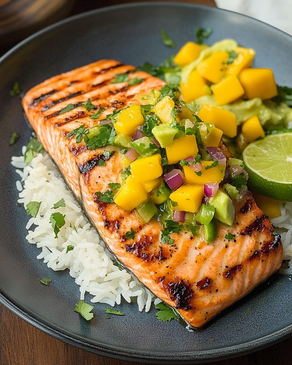 Grilled Lime Salmon with Avocado Mango Salsa and Coconut Rice