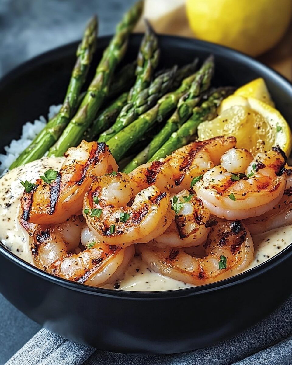 Grilled Shrimp Bowl with Asparagus & Creamy Garlic Sauce