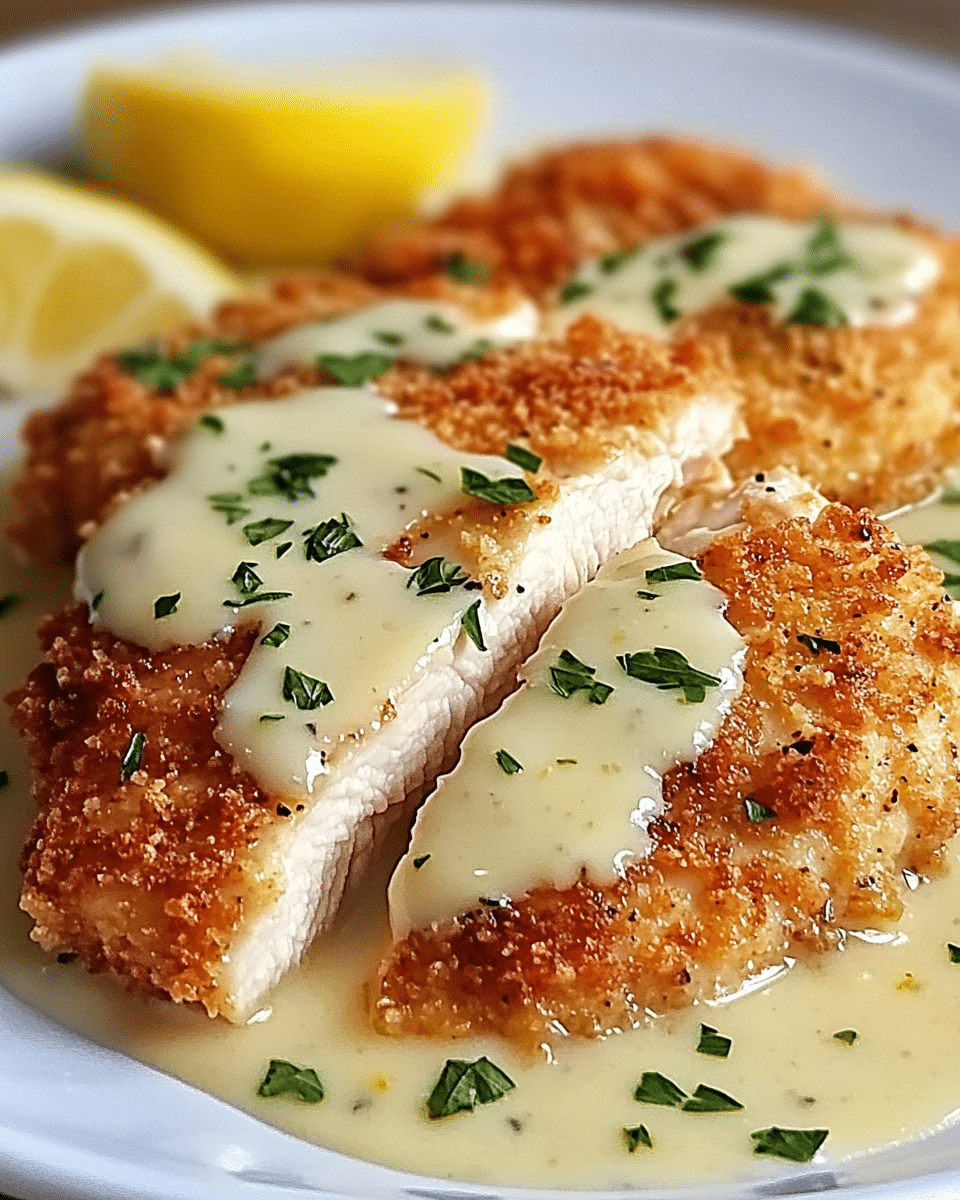 Lemon Pecorino Crusted Chicken with Creamy Lemon Sauce