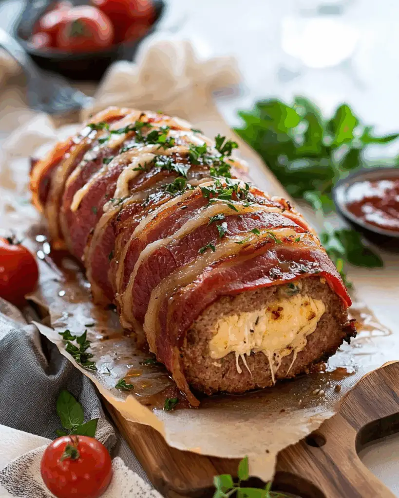 Mozzarella Stuffed Bacon Wrapped Meatloaf