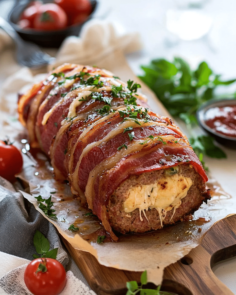 Mozzarella Stuffed Bacon Wrapped Meatloaf