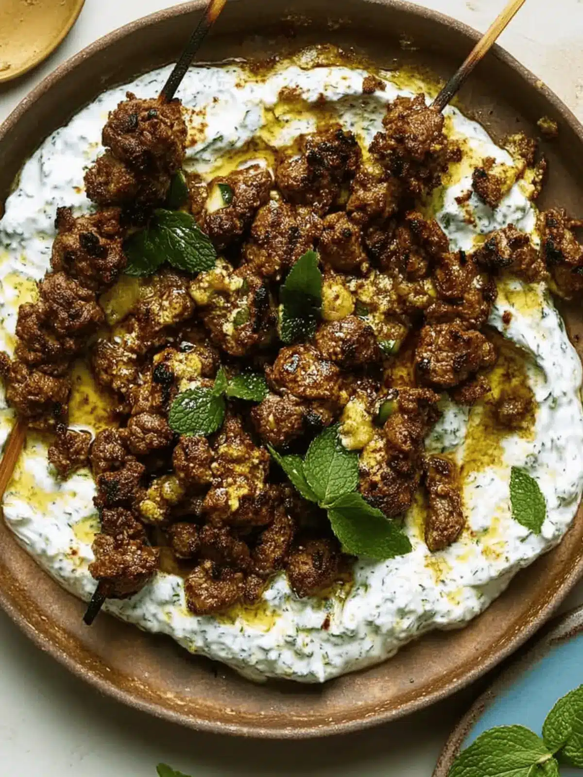 Smashed Beef Kebab With Cucumber Yogurt