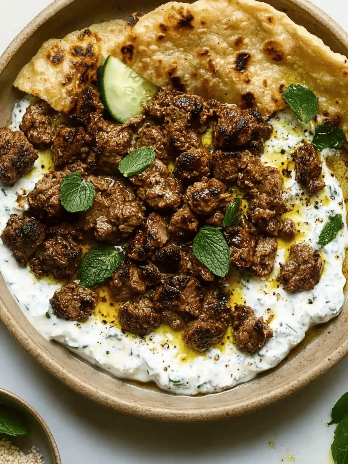 Smashed Beef Kebab With Cucumber Yogurt