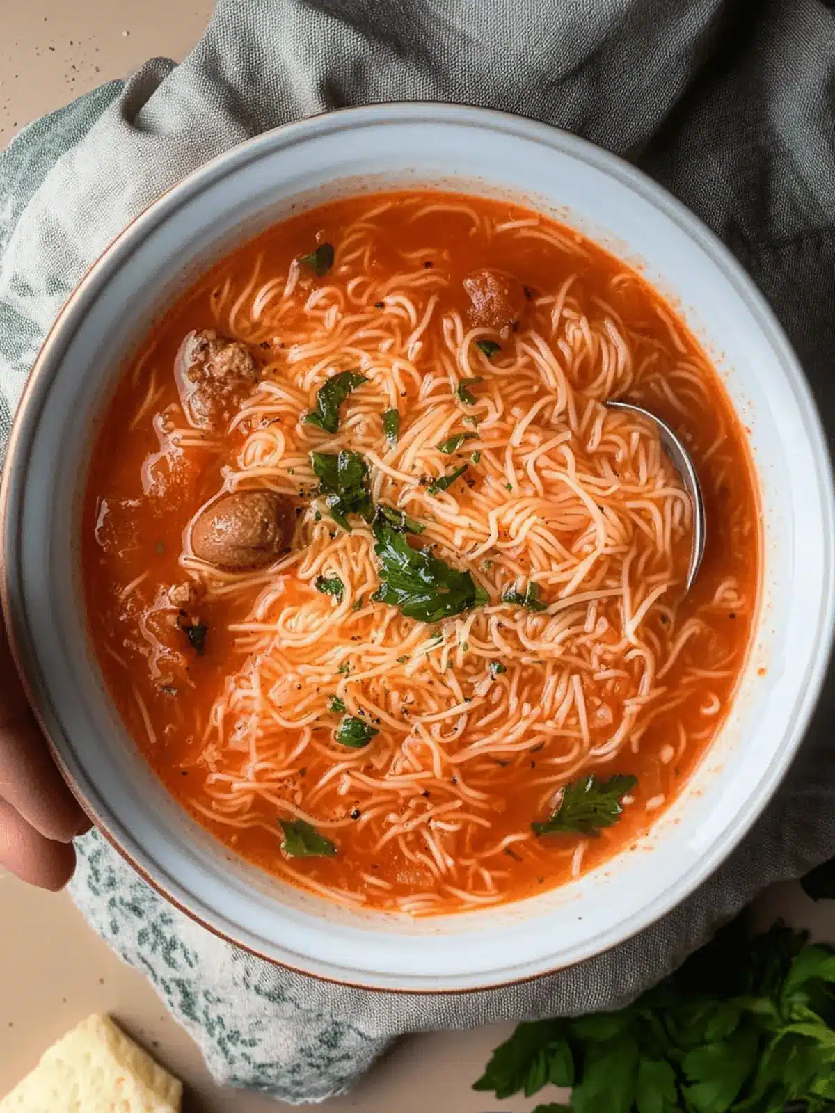 Savory Tomato Vermicelli Soup with Flavorful Mini Meatballs 3 Tomato Vermicelli Soup