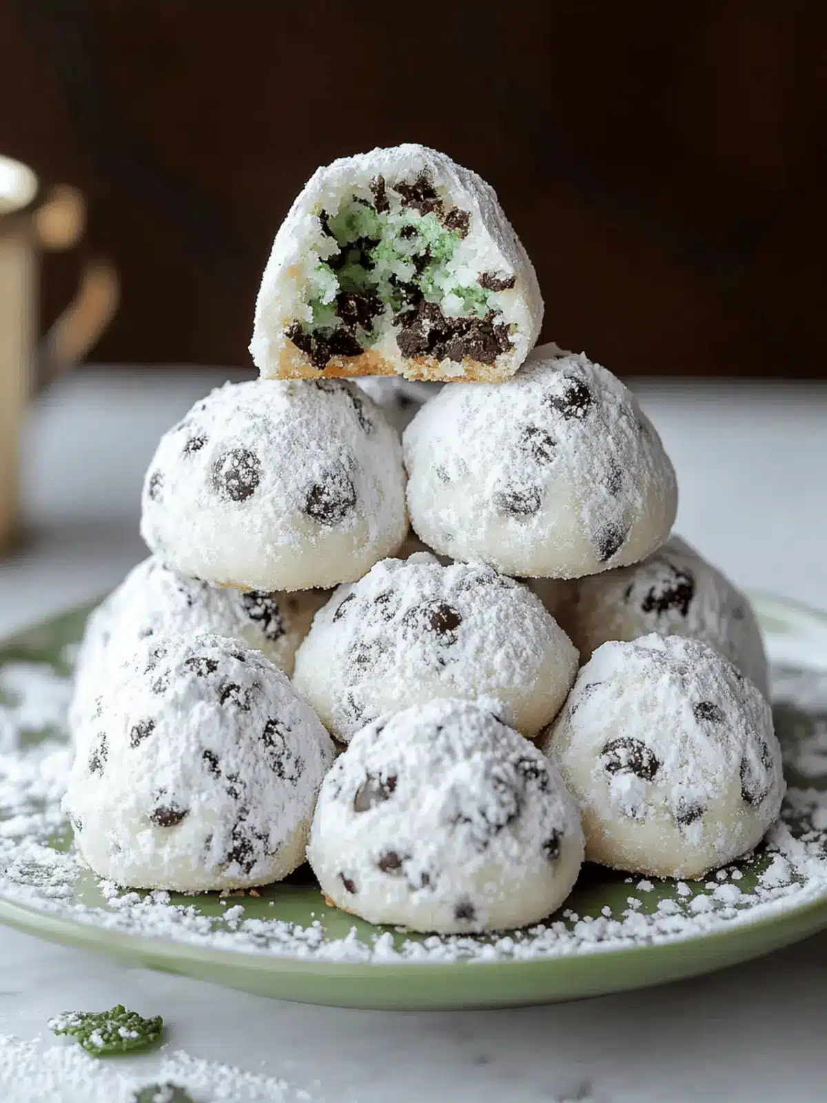 Mint Chocolate Chip Snowball Cookies