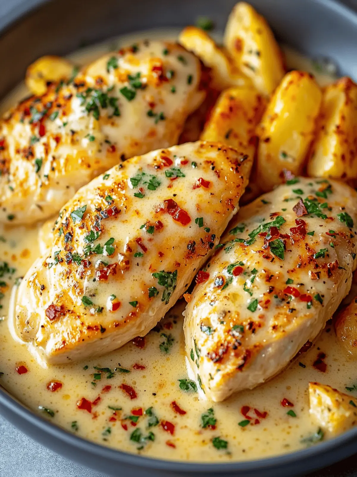 Savory Chicken Fillet in Spicy Garlic-Parmesan Sauce Delight 2 Chicken Fillet in Spicy, Creamy Garlic-Parmesan Sauce