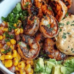 Grilled Shrimp Bowl with Avocado, Corn Salsa & Garlic Sauce Delight 10 Grilled Shrimp Bowl with Avocado, Corn Salsa & Creamy Garlic Sauce