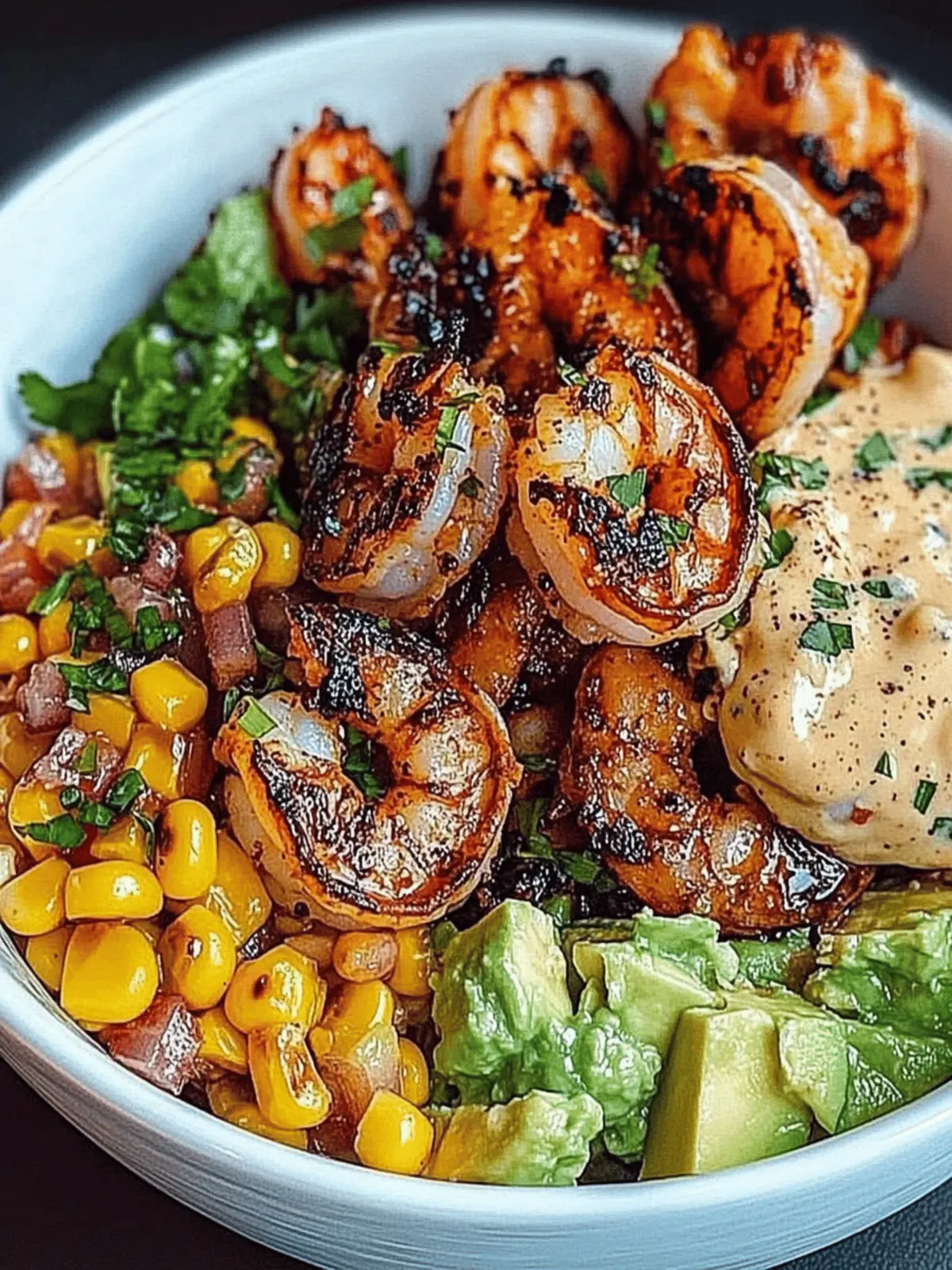 Grilled Shrimp Bowl with Avocado, Corn Salsa & Garlic Sauce Delight 5 Grilled Shrimp Bowl with Avocado, Corn Salsa & Creamy Garlic Sauce