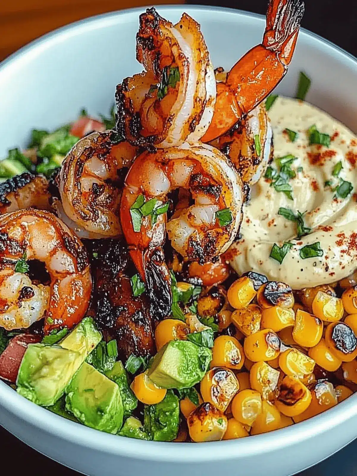 Grilled Shrimp Bowl with Avocado, Corn Salsa & Garlic Sauce Delight 3 Grilled Shrimp Bowl with Avocado, Corn Salsa & Creamy Garlic Sauce