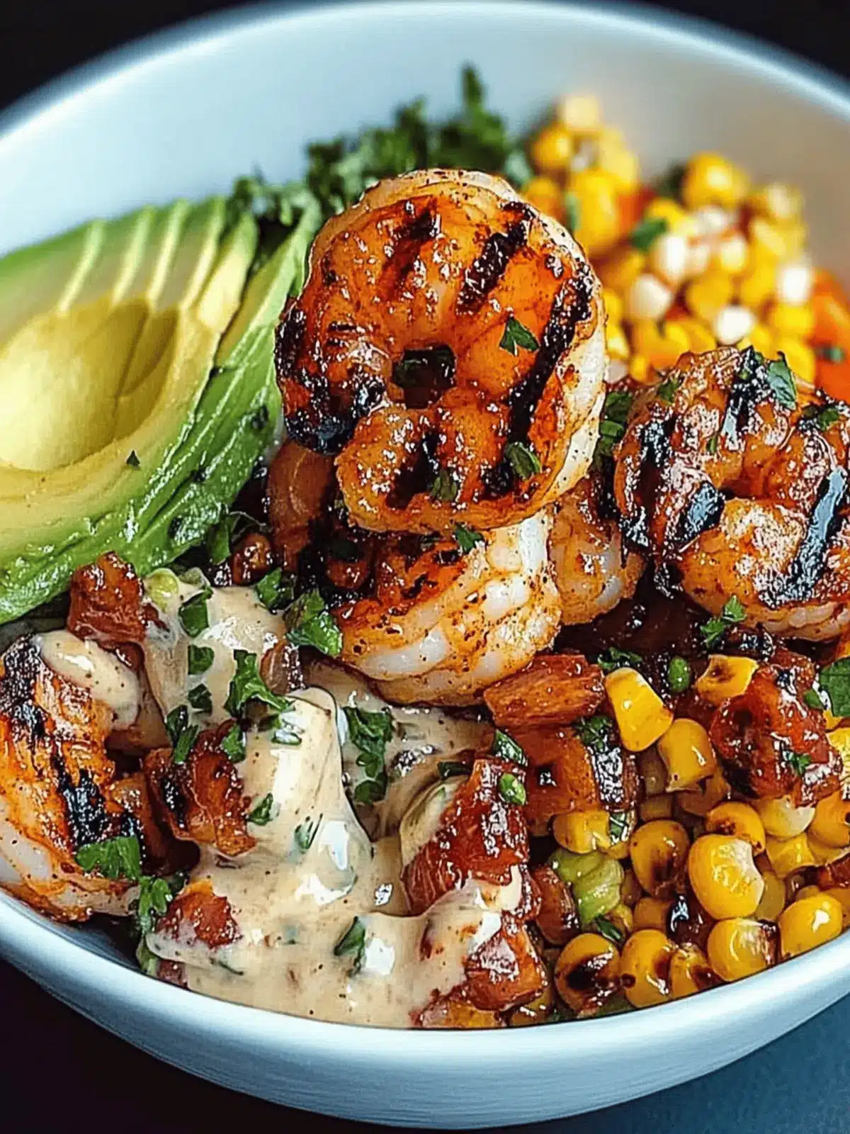 Grilled Shrimp Bowl with Avocado, Corn Salsa & Garlic Sauce Delight 2 Grilled Shrimp Bowl with Avocado, Corn Salsa & Creamy Garlic Sauce