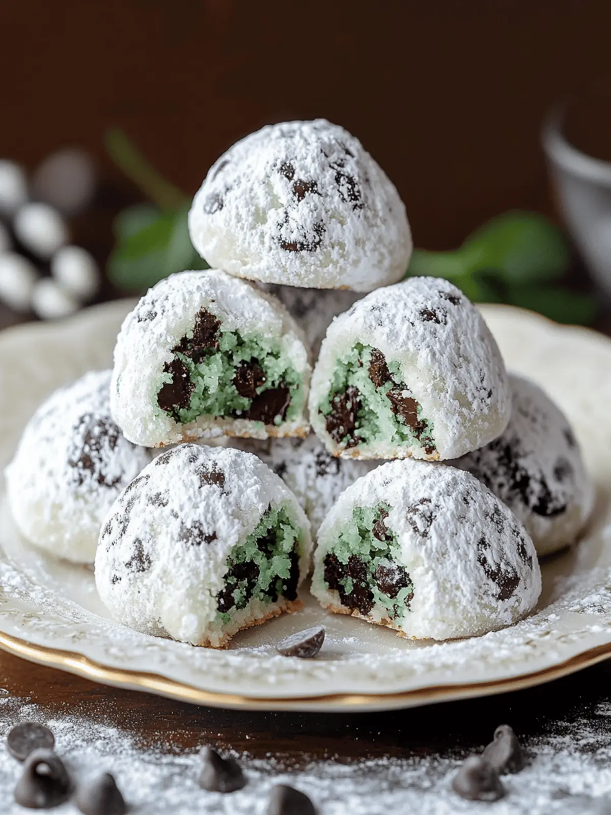 Mint Chocolate Chip Snowball Cookies