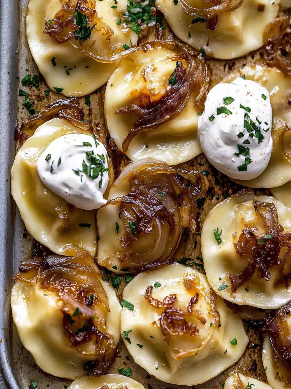 Crispy Sheet Pan Pierogies with Caramelized Onions & Chipotle Cream 3 Sheet Pan Pierogies with Caramelized Onions and Chipotle Sour Cream