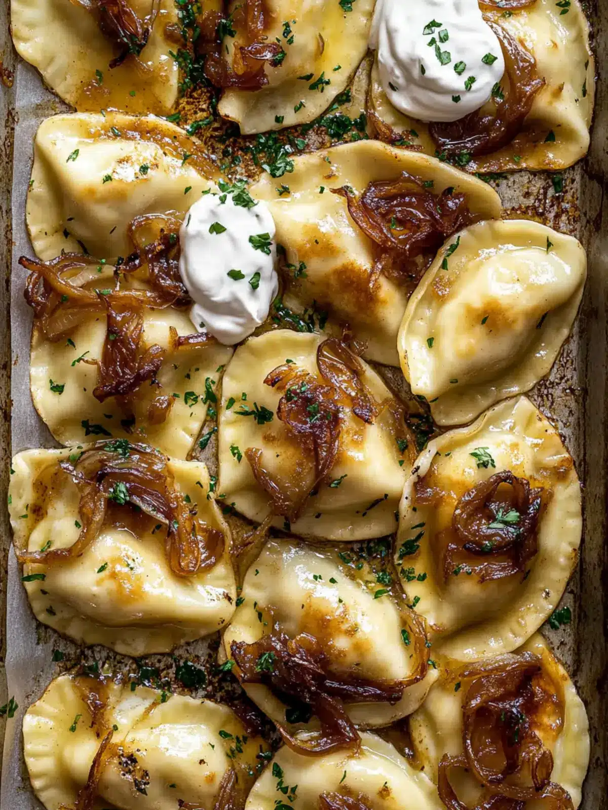 Crispy Sheet Pan Pierogies with Caramelized Onions & Chipotle Cream 5 Sheet Pan Pierogies with Caramelized Onions and Chipotle Sour Cream