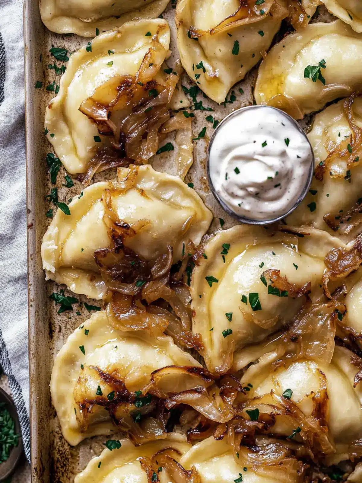 Crispy Sheet Pan Pierogies with Caramelized Onions & Chipotle Cream 2 Sheet Pan Pierogies with Caramelized Onions and Chipotle Sour Cream