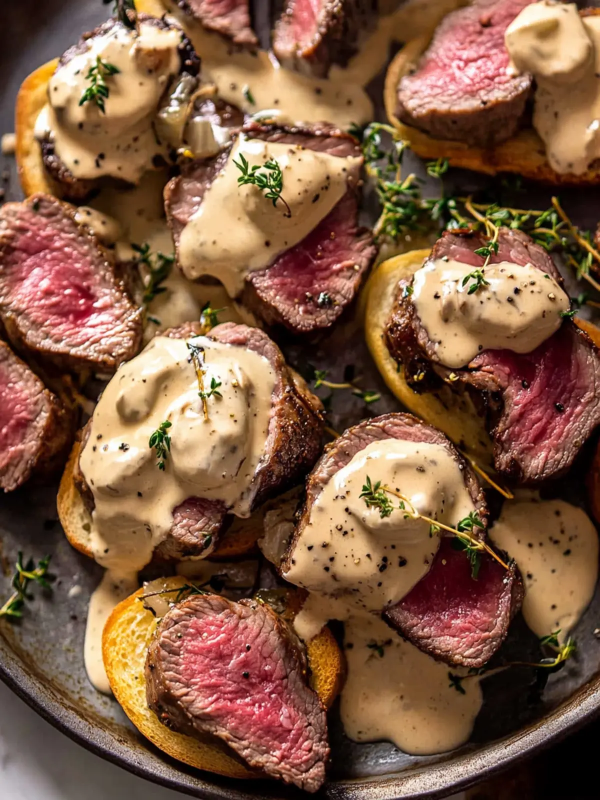 Irresistible Beef Tenderloin Crostini with Parmesan Wine Cream Sauce 3 Beef Tenderloin Crostini with Parmesan Wine Cream Sauce