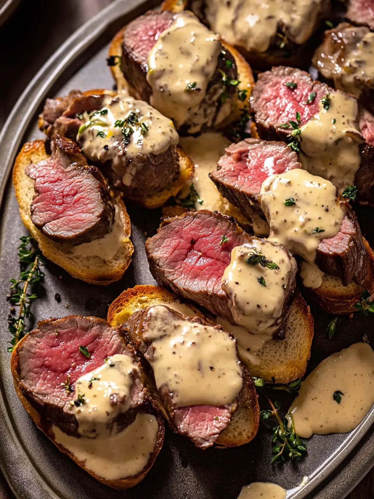 Irresistible Beef Tenderloin Crostini with Parmesan Wine Cream Sauce 4 Beef Tenderloin Crostini with Parmesan Wine Cream Sauce