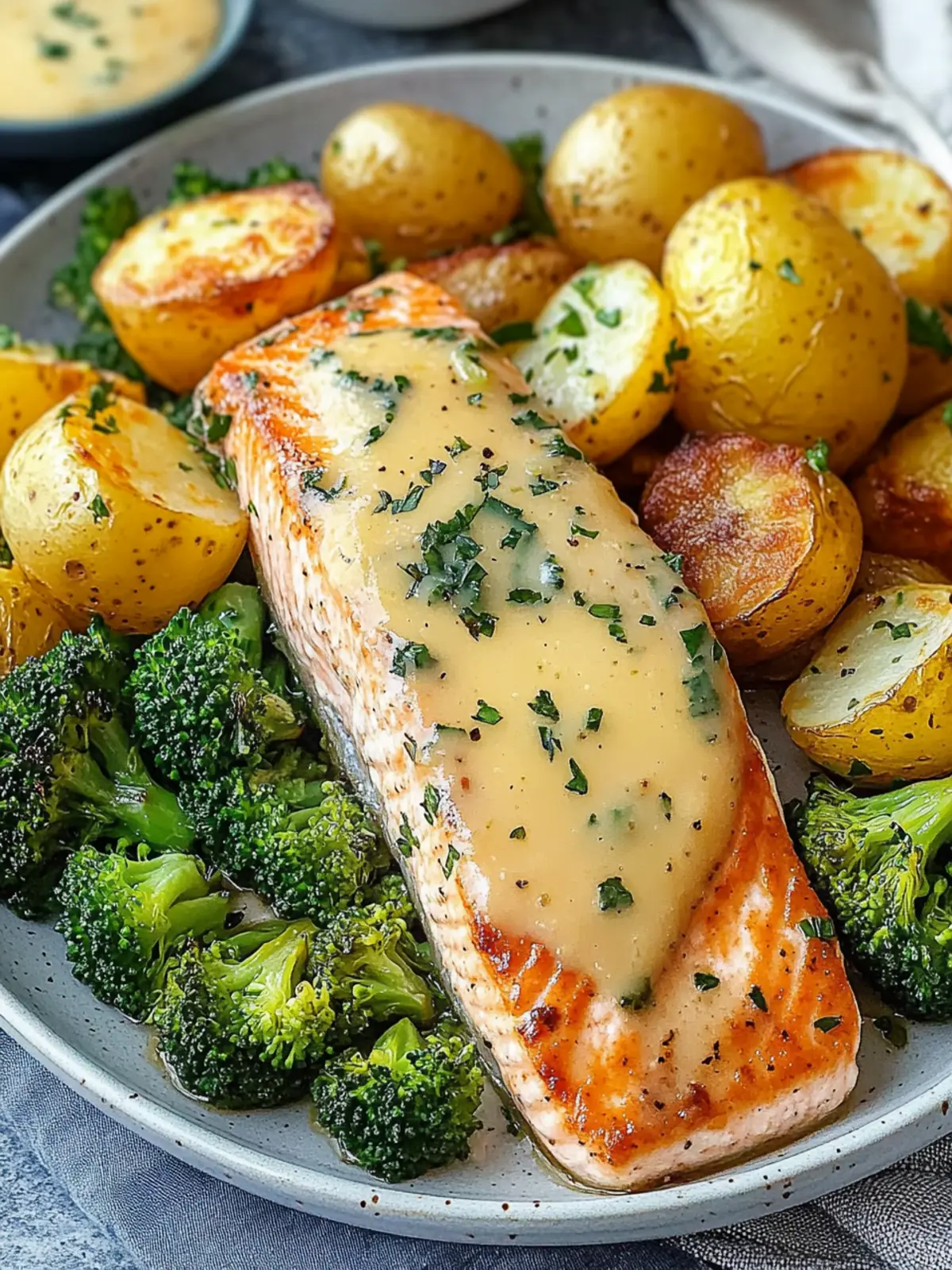 Lemon Butter Salmon with Crispy Potatoes and Broccoli Delight 2 Lemon Butter Salmon with Crispy Potatoes and Broccoli