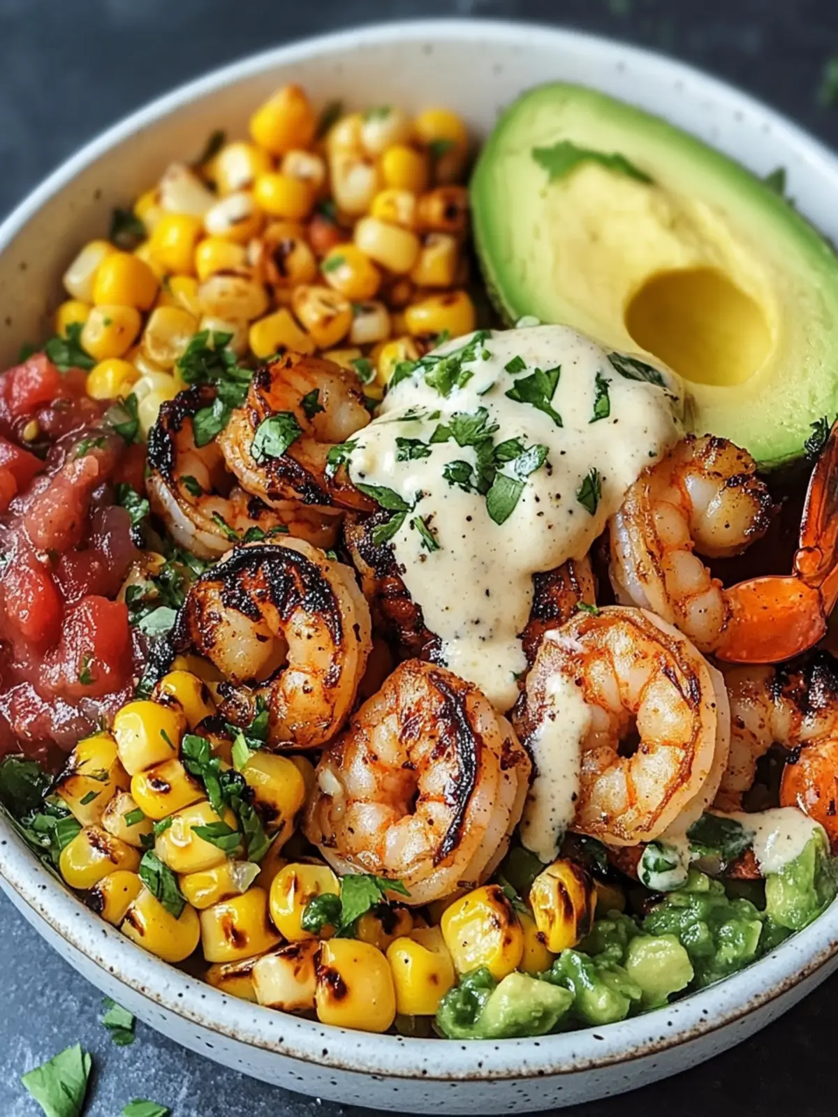 Grilled Shrimp Bowl with Avocado and Zesty Corn Salsa Delight 3 Grilled Shrimp Bowl with Avocado, Corn Salsa & Creamy Garlic Sauce