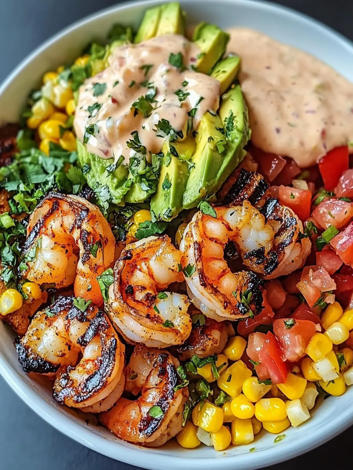 Grilled Shrimp Bowl with Avocado and Zesty Corn Salsa Delight 4 Grilled Shrimp Bowl with Avocado, Corn Salsa & Creamy Garlic Sauce