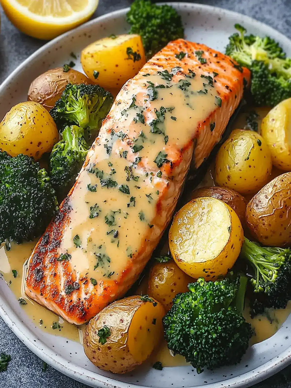 Lemon Butter Salmon with Crispy Potatoes & Broccoli Bliss 2 Lemon Butter Salmon with Crispy Potatoes and Broccoli