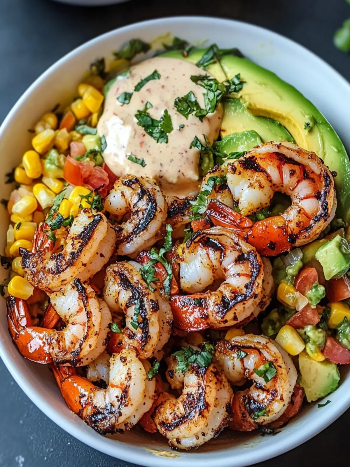 Delicious Grilled Shrimp Bowl with Avocado & Corn Salsa 4 Grilled Shrimp Bowl with Avocado, Corn Salsa & Creamy Garlic Sauce