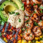 Grilled Shrimp Bowl with Avocado and Zesty Corn Salsa Delight 3 Grilled Shrimp Bowl with Avocado, Corn Salsa & Creamy Garlic Sauce