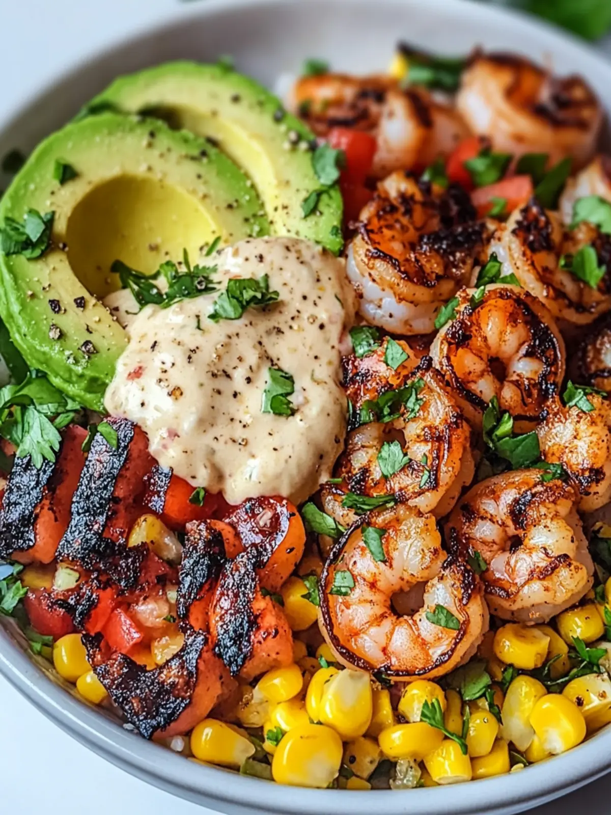 Grilled Shrimp Bowl with Avocado and Zesty Corn Salsa Delight 5 Grilled Shrimp Bowl with Avocado, Corn Salsa & Creamy Garlic Sauce