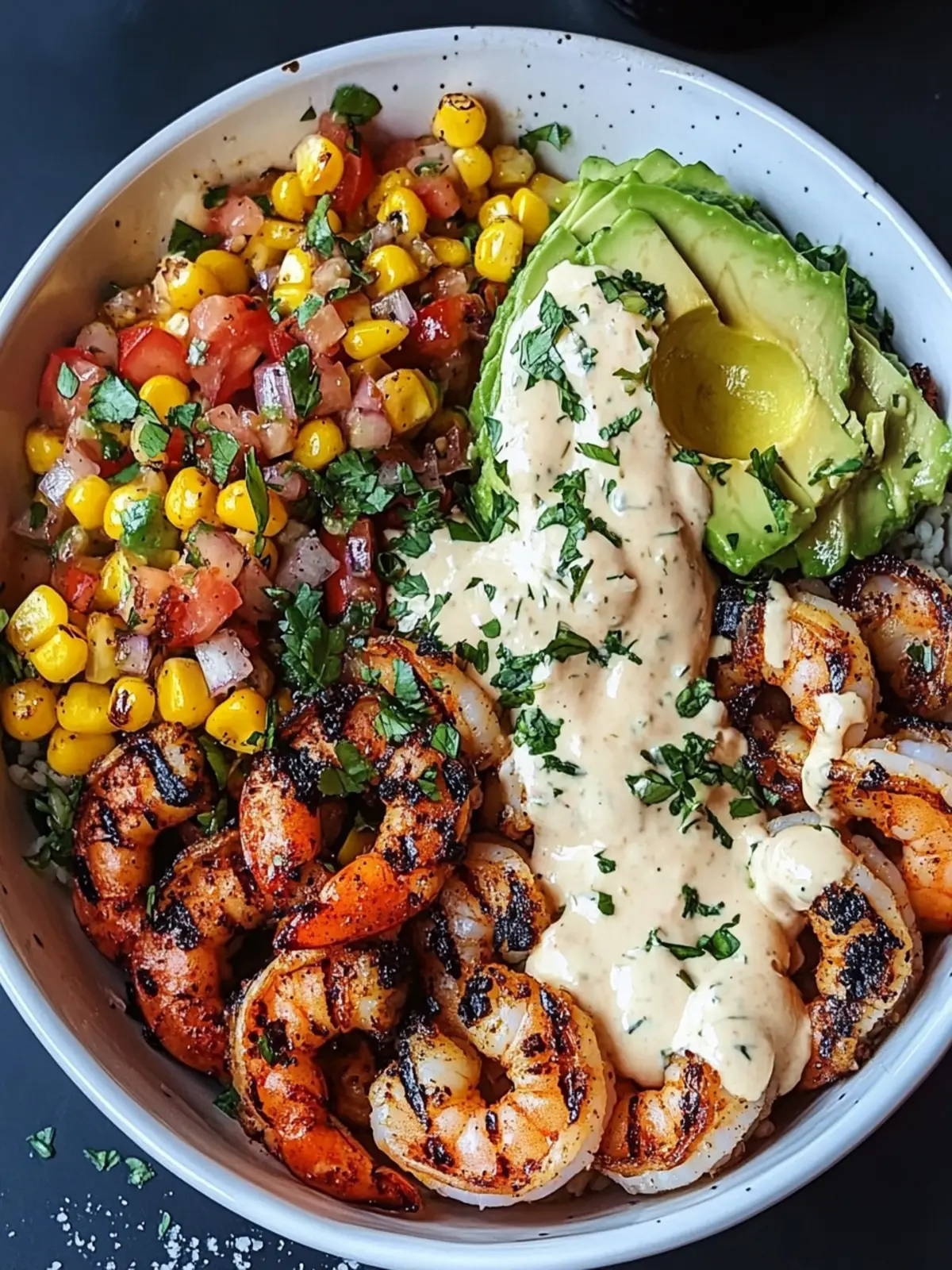 Delicious Grilled Shrimp Bowl with Avocado & Corn Salsa 3 Grilled Shrimp Bowl with Avocado, Corn Salsa & Creamy Garlic Sauce