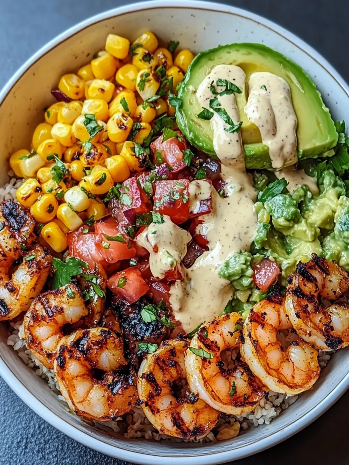 Delicious Grilled Shrimp Bowl with Avocado & Corn Salsa 2 Grilled Shrimp Bowl with Avocado, Corn Salsa & Creamy Garlic Sauce