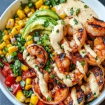 Delicious Grilled Shrimp Bowl with Avocado & Corn Salsa 2 Grilled Shrimp Bowl with Avocado, Corn Salsa & Creamy Garlic Sauce