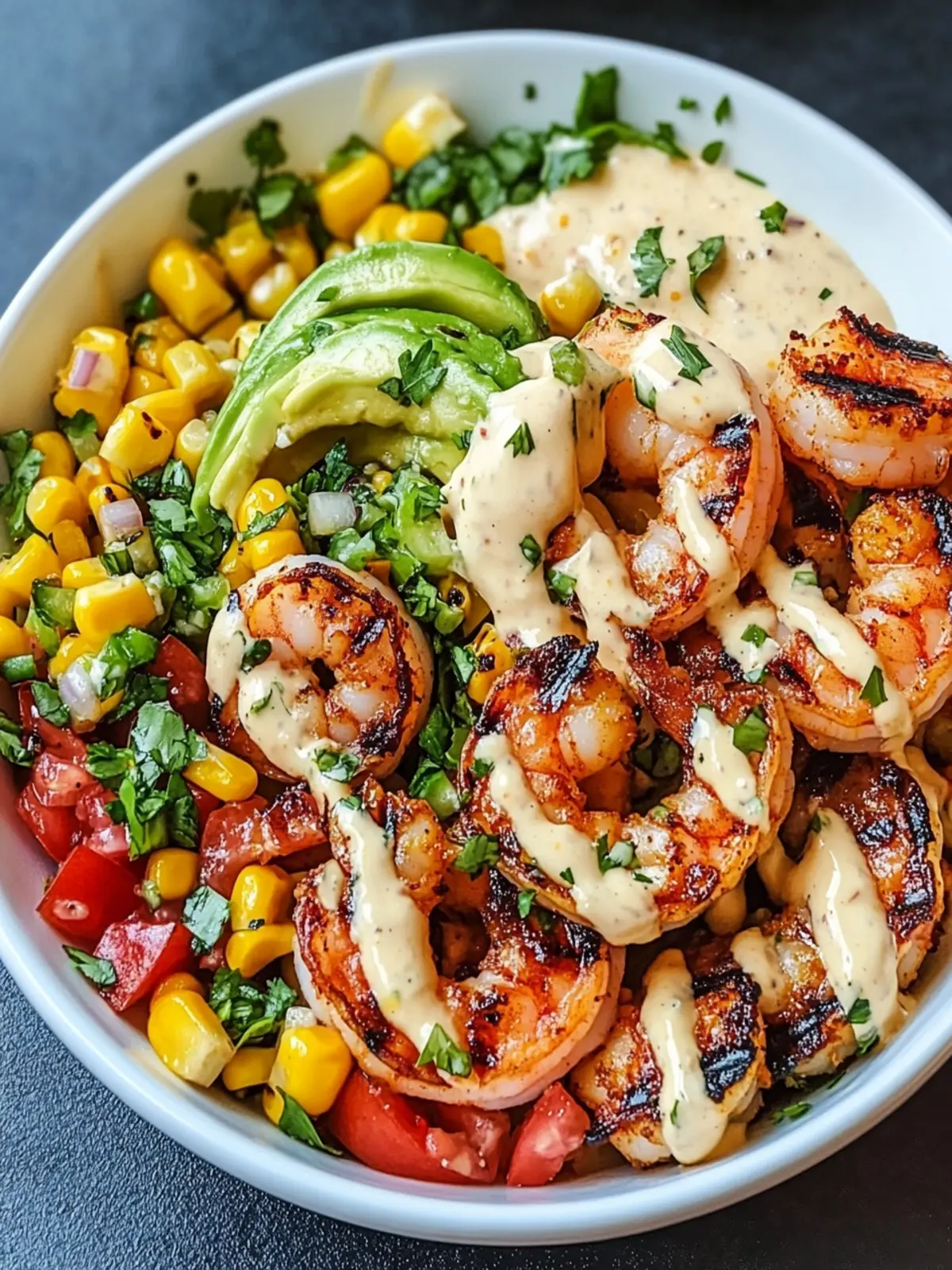 Delicious Grilled Shrimp Bowl with Avocado & Corn Salsa 5 Grilled Shrimp Bowl with Avocado, Corn Salsa & Creamy Garlic Sauce