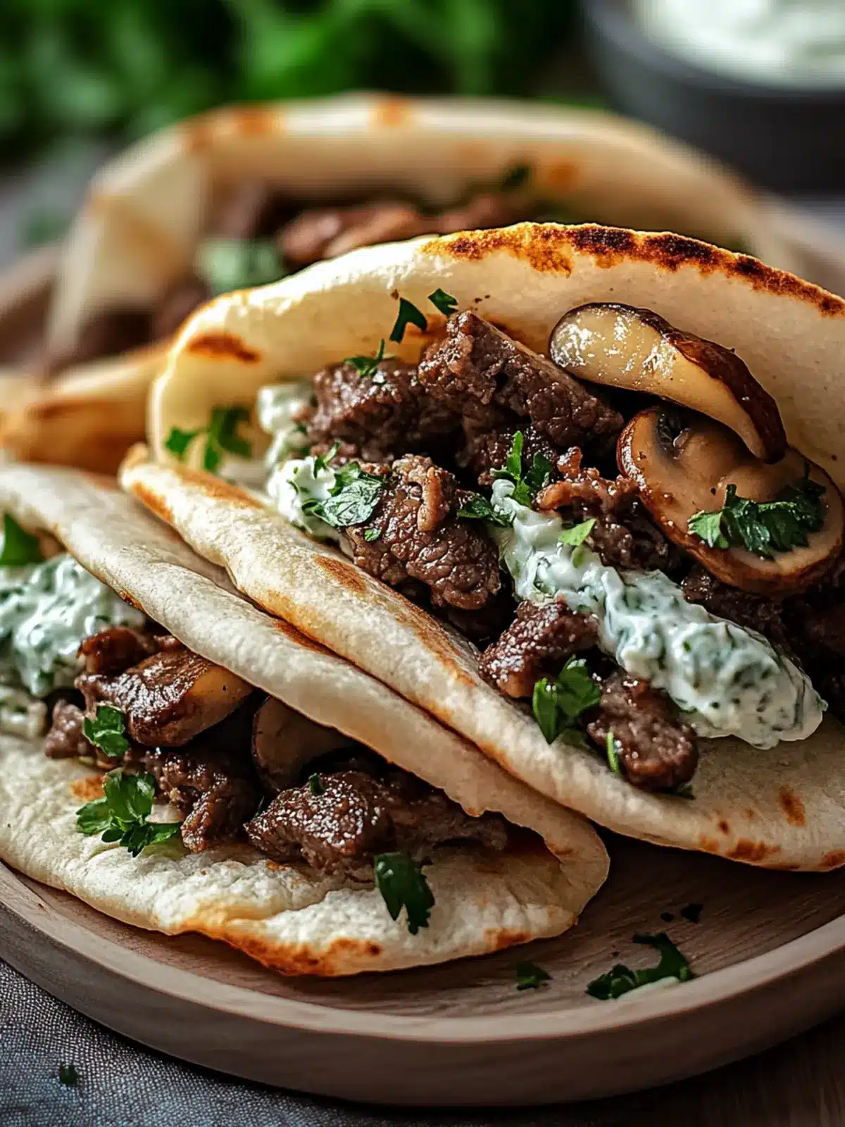 Savory Cheesy Beef and Mushroom Pita Pockets with Tzatziki Sauce 4 Cheesy Beef and Mushroom Pita Pockets with Tzatziki Sauce
