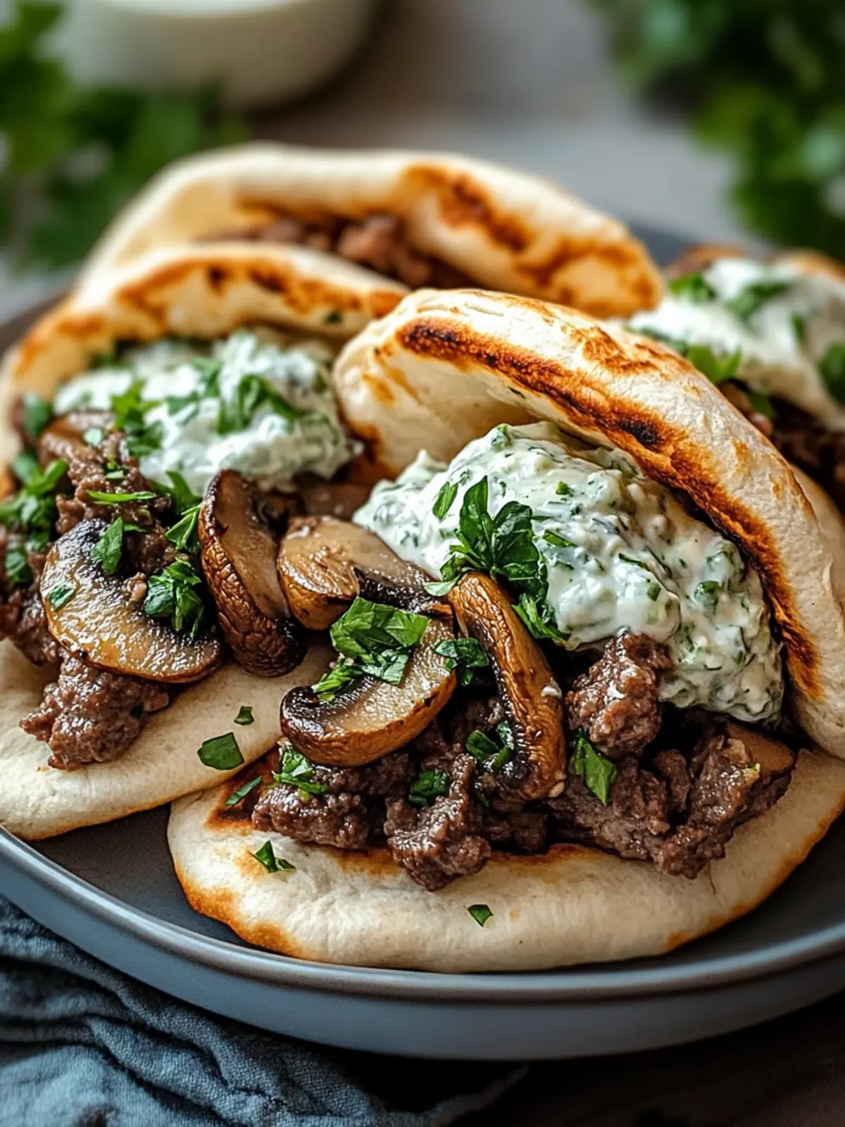 Savory Cheesy Beef and Mushroom Pita Pockets with Tzatziki Sauce 2 Cheesy Beef and Mushroom Pita Pockets with Tzatziki Sauce
