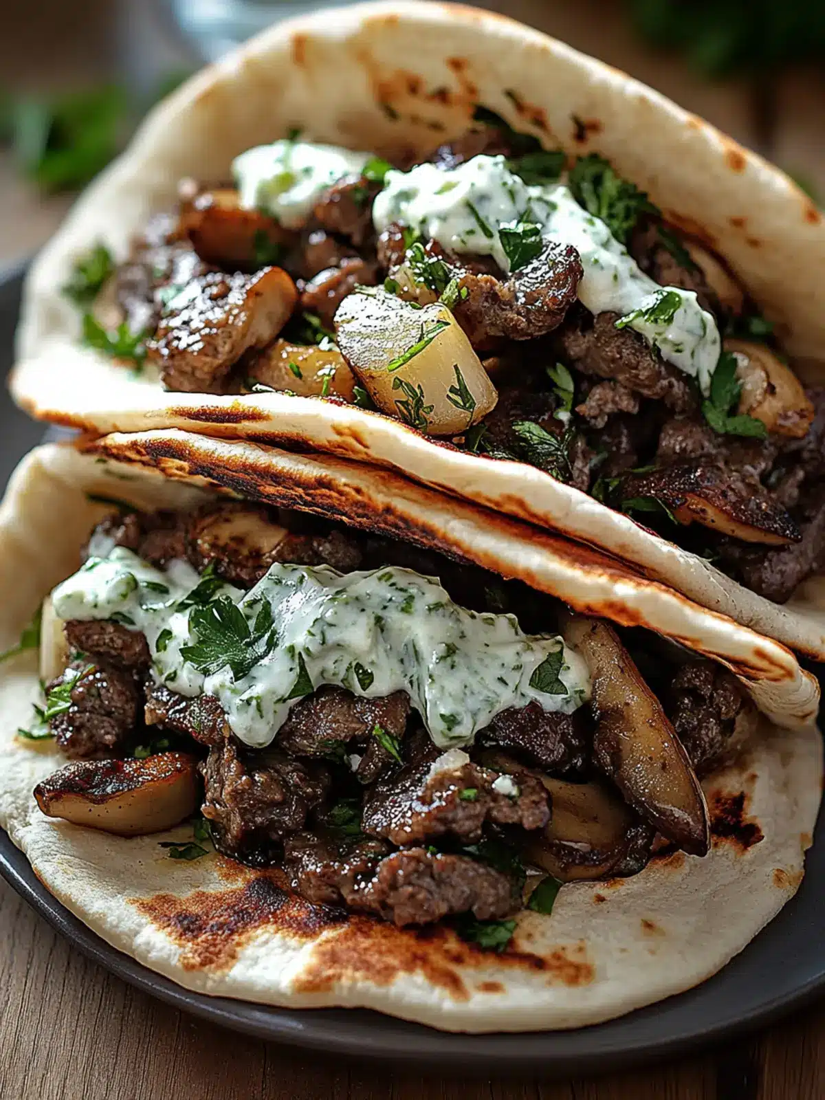 Savory Cheesy Beef and Mushroom Pita Pockets with Tzatziki Sauce 3 Cheesy Beef and Mushroom Pita Pockets with Tzatziki Sauce