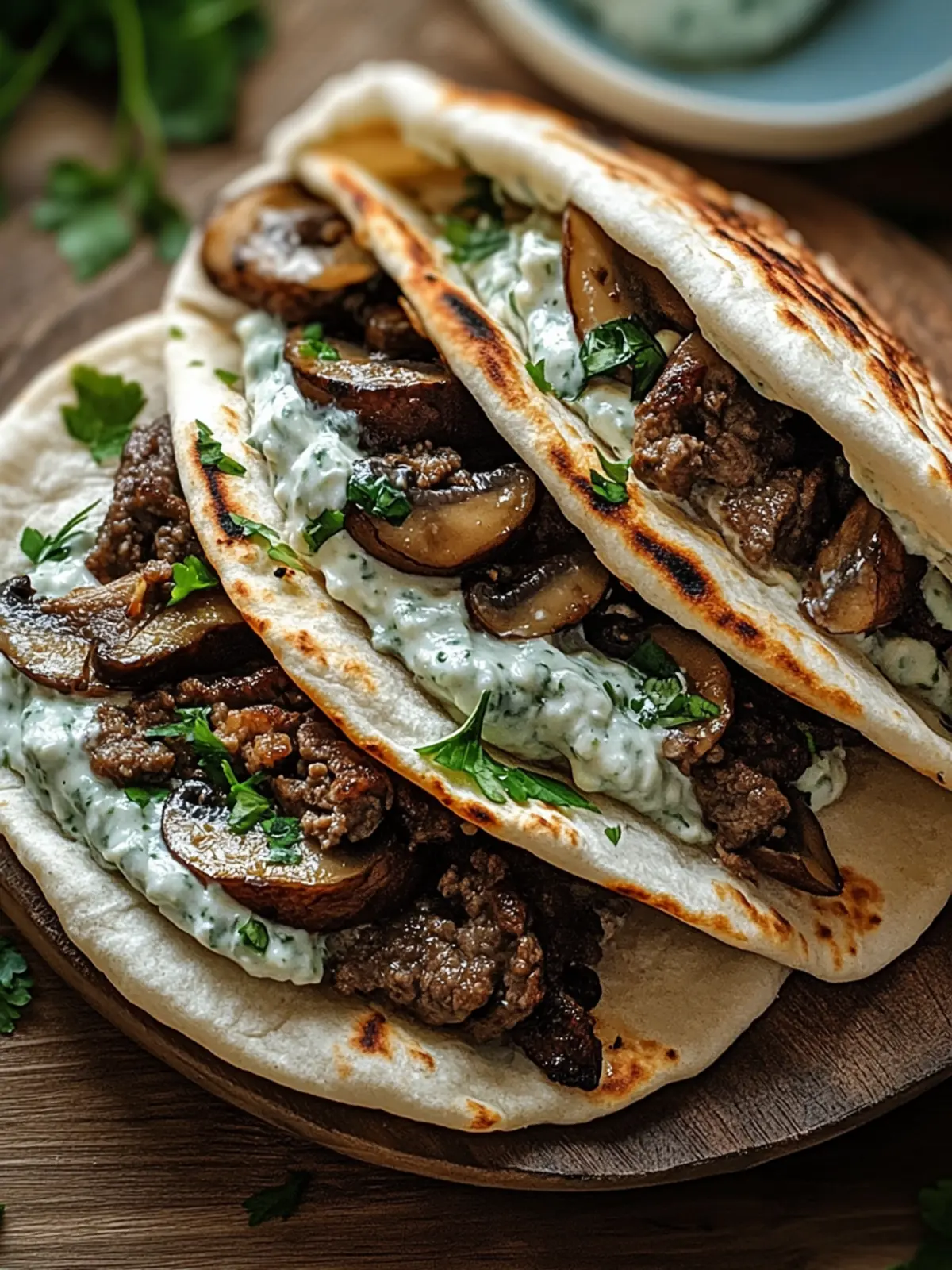 Savory Cheesy Beef and Mushroom Pita Pockets with Tzatziki Sauce 5 Cheesy Beef and Mushroom Pita Pockets with Tzatziki Sauce