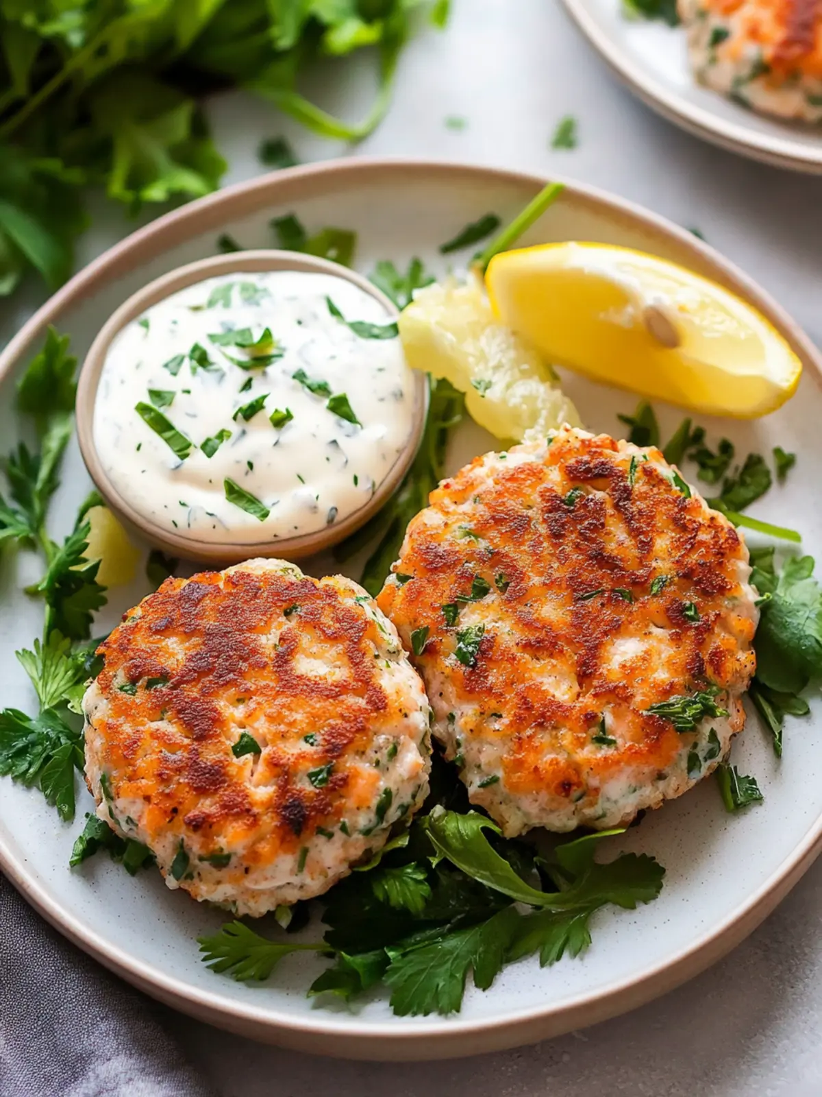 Irresistible Salmon Patties with Dreams of Creamy Lemon-Garlic Sauce 2 Salmon Patties with Creamy Lemon-Garlic Sauce