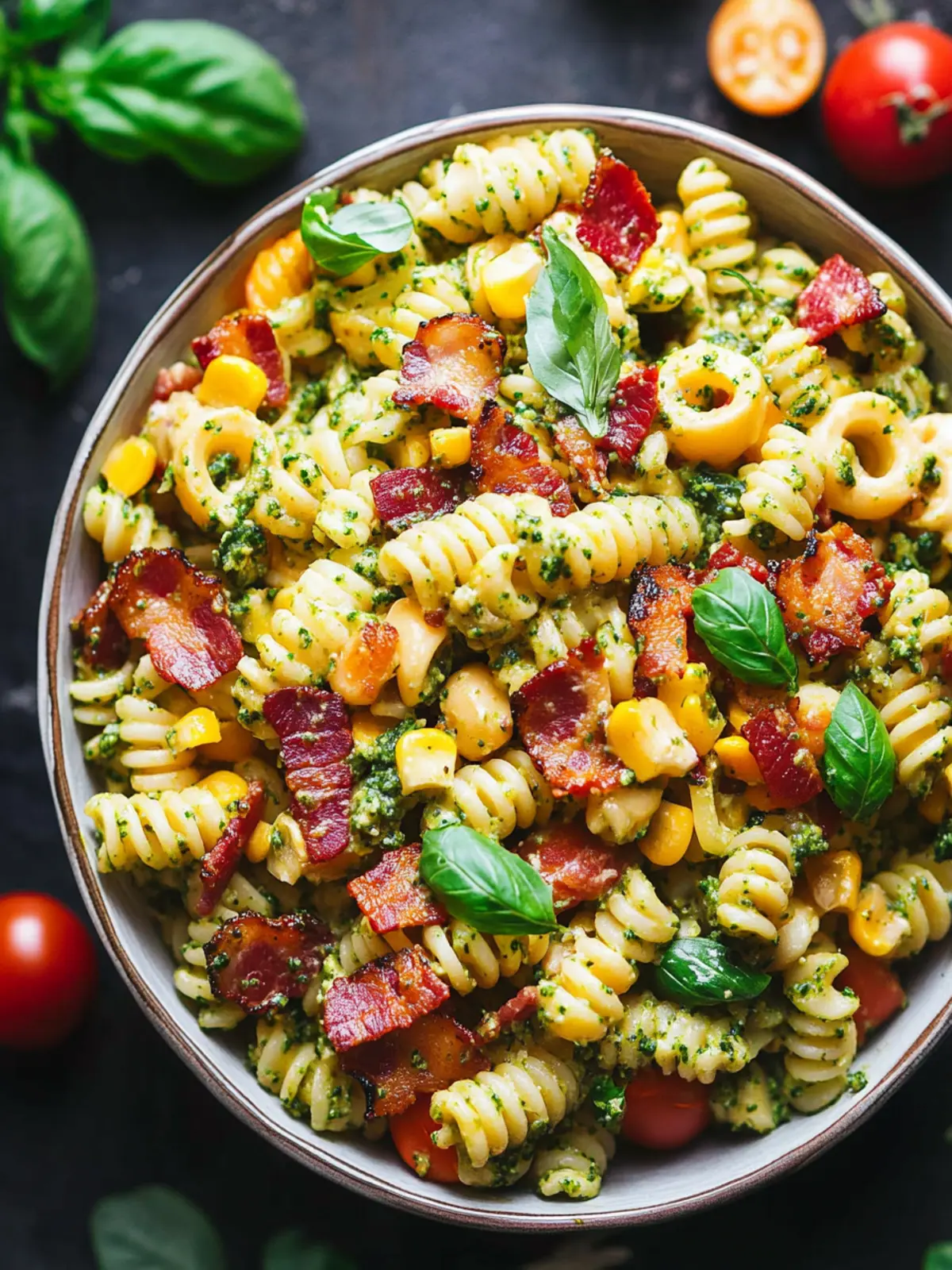 Delicious Corn Pasta Salad with Bacon and Creamy Pesto Dressing 3 Corn Pasta Salad with Bacon and Creamy Pesto Dressing