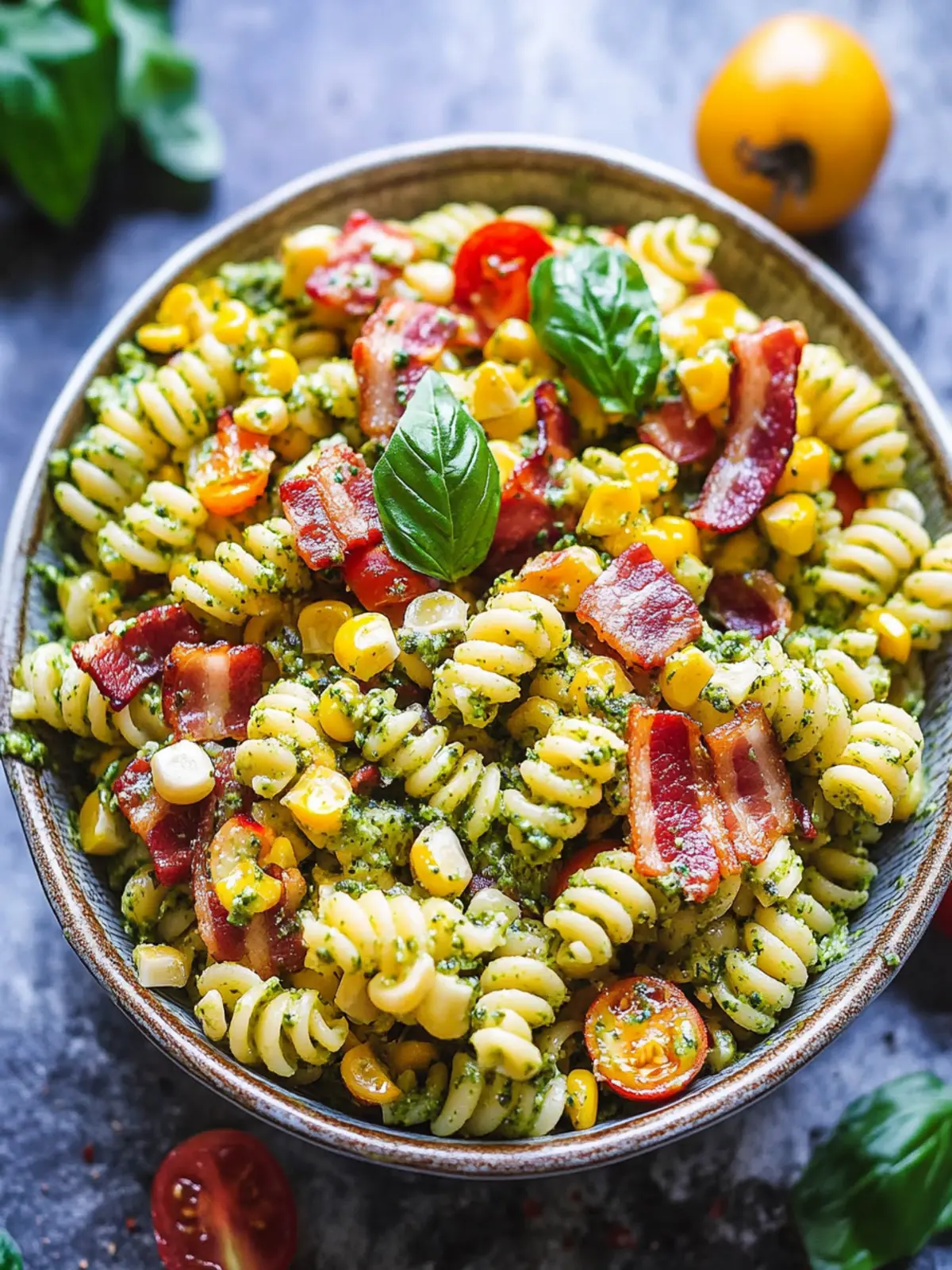 Delicious Corn Pasta Salad with Bacon and Creamy Pesto Dressing 2 Corn Pasta Salad with Bacon and Creamy Pesto Dressing