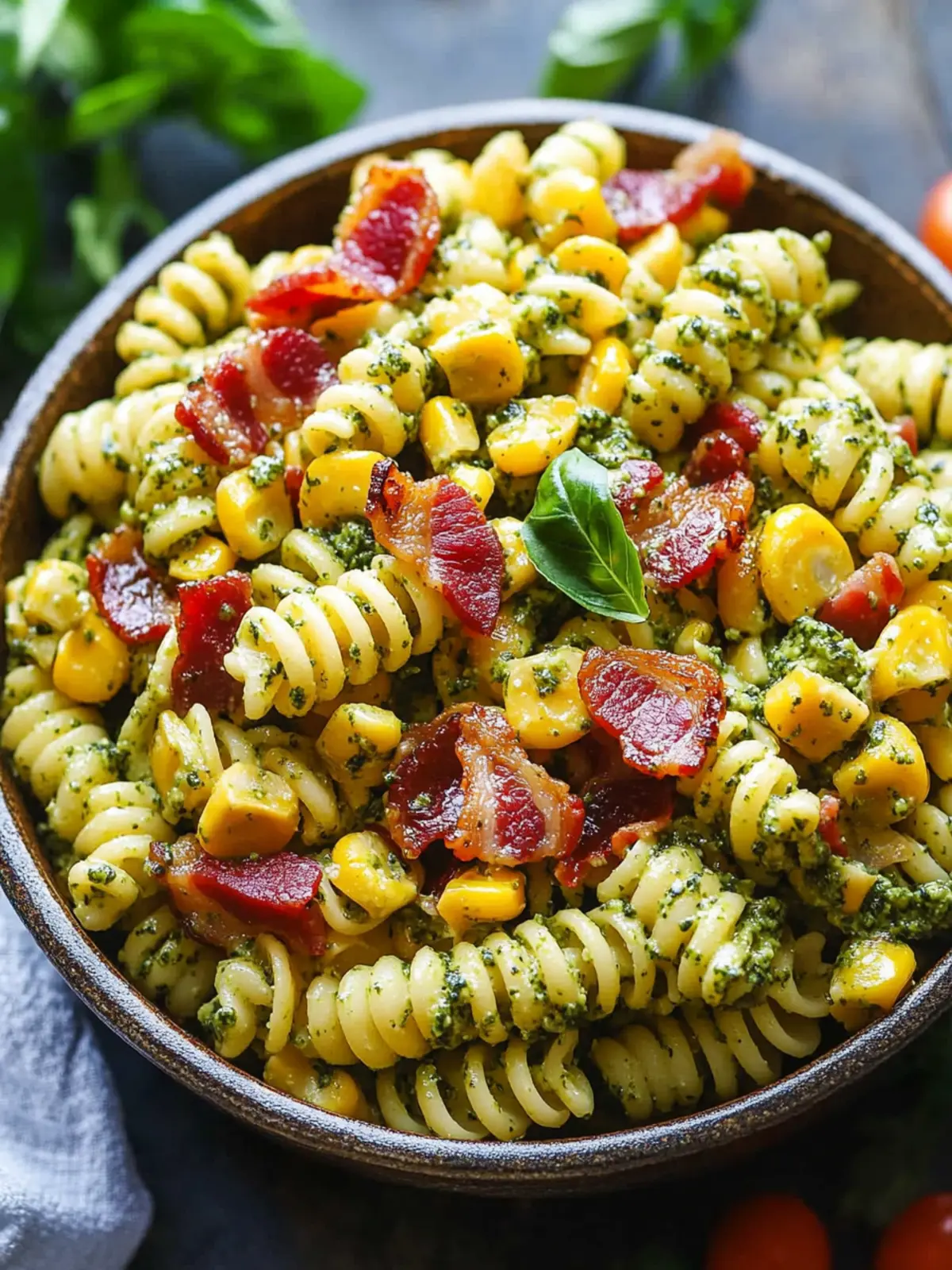 Delicious Corn Pasta Salad with Bacon and Creamy Pesto Dressing 4 Corn Pasta Salad with Bacon and Creamy Pesto Dressing