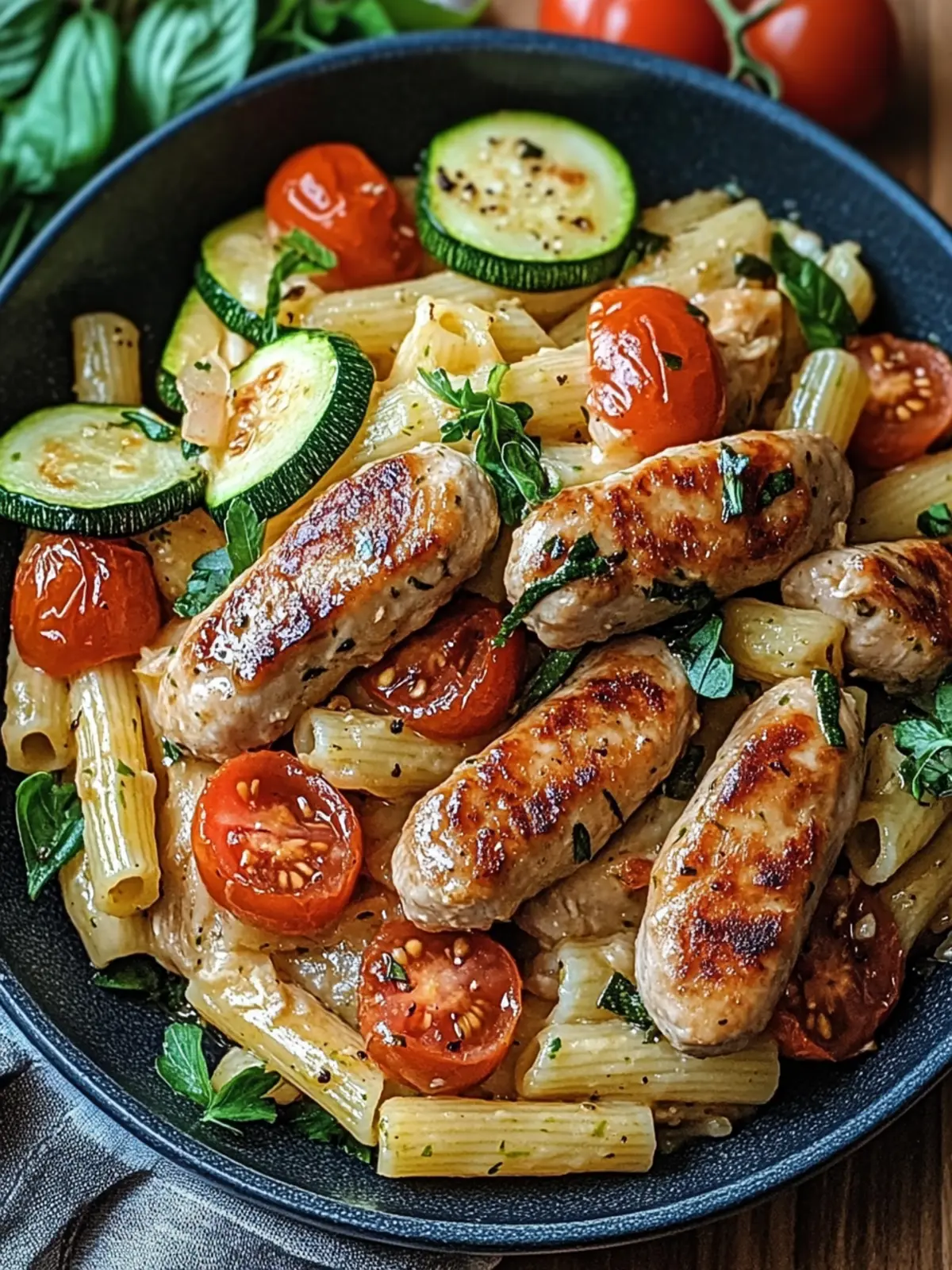 Delicious Chicken Sausages with Zucchini, Tomatoes, and Pasta Tonight 5 Chicken Sausages with Zucchini, Tomatoes, and Pasta