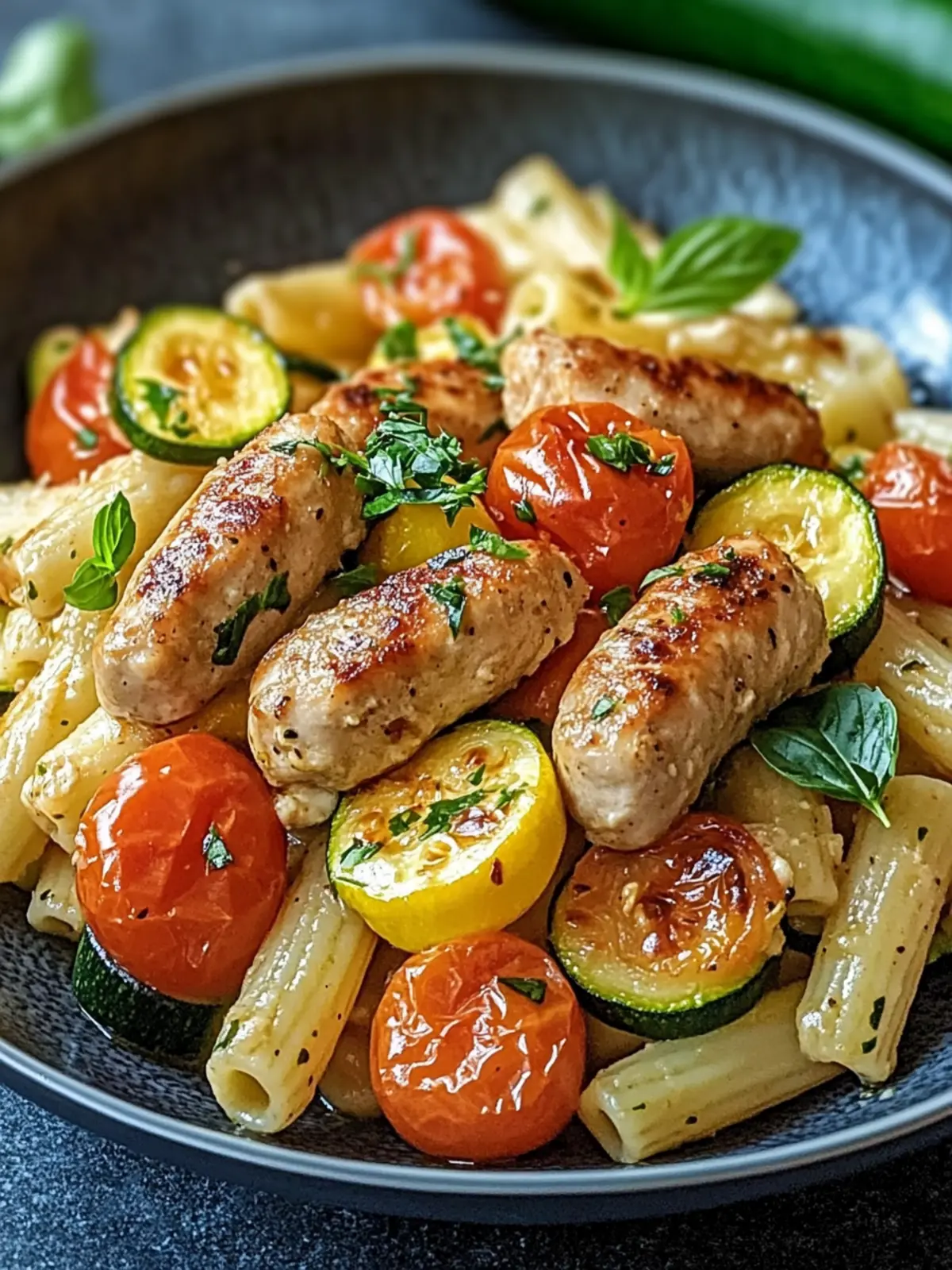 Delicious Chicken Sausages with Zucchini, Tomatoes, and Pasta Tonight 4 Chicken Sausages with Zucchini, Tomatoes, and Pasta