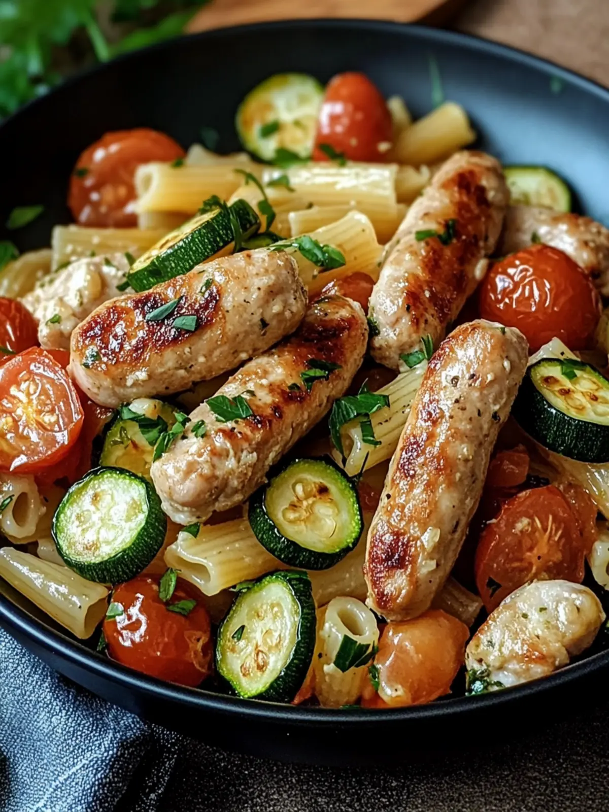 Delicious Chicken Sausages with Zucchini, Tomatoes, and Pasta Tonight 3 Chicken Sausages with Zucchini, Tomatoes, and Pasta