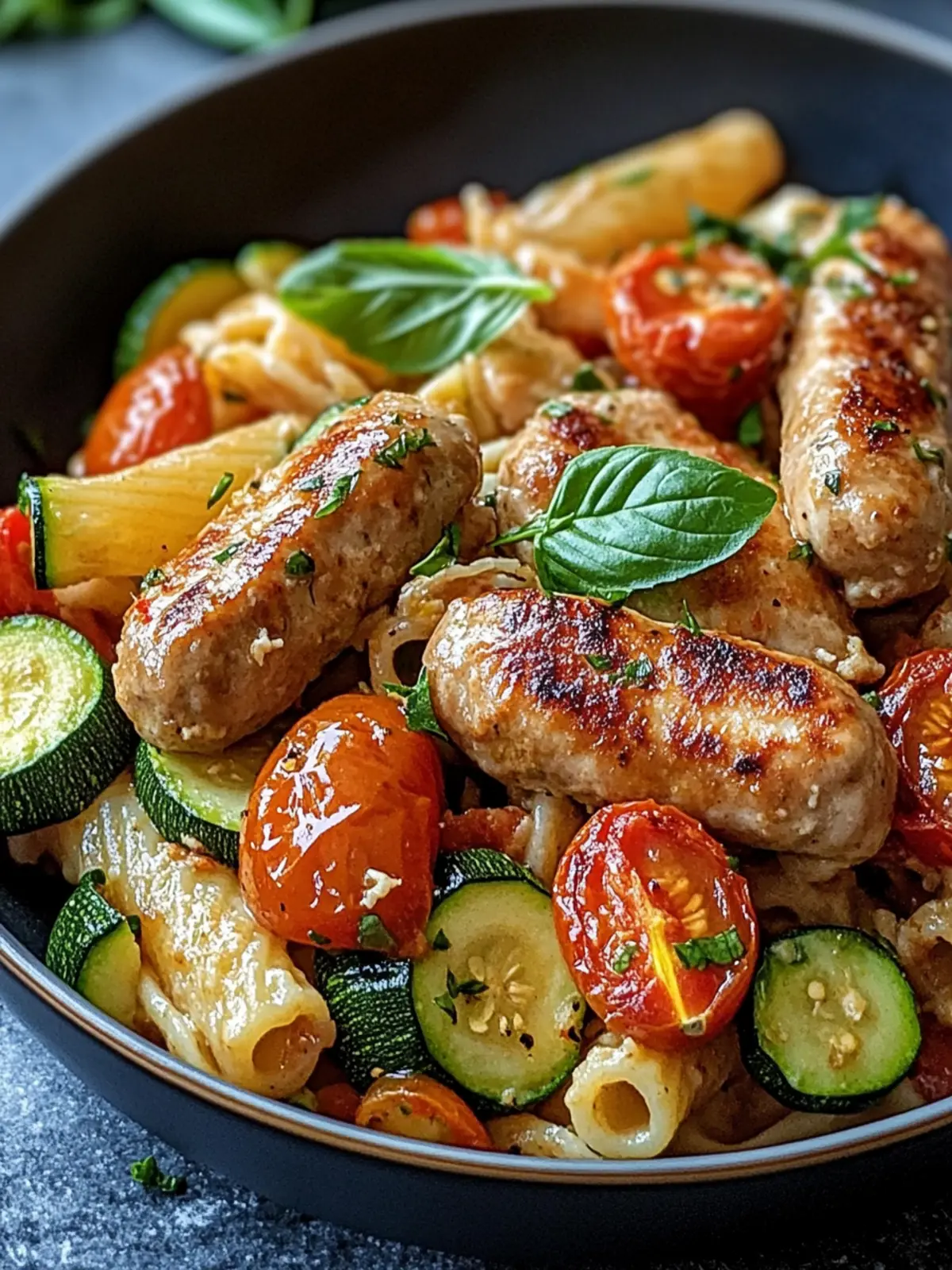 Delicious Chicken Sausages with Zucchini, Tomatoes, and Pasta Tonight 2 Chicken Sausages with Zucchini, Tomatoes, and Pasta
